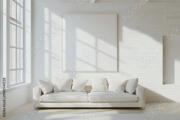 Fototapeta Bright living room with white sofa pillows and a large window casting shadows on the wall art