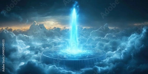 Obraz Mystical fountain soaring skyward above the clouds with radiant blue water illuminated by celestial light