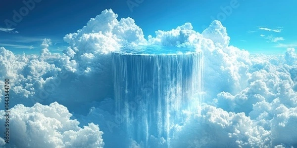 Fototapeta Surreal floating fountain in the sky with a massive circular pool spilling water over clouds in bright daylight