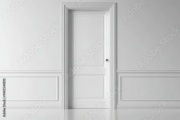 Fototapeta A partially open white door in a white wall with decorative molding in a minimalist setting