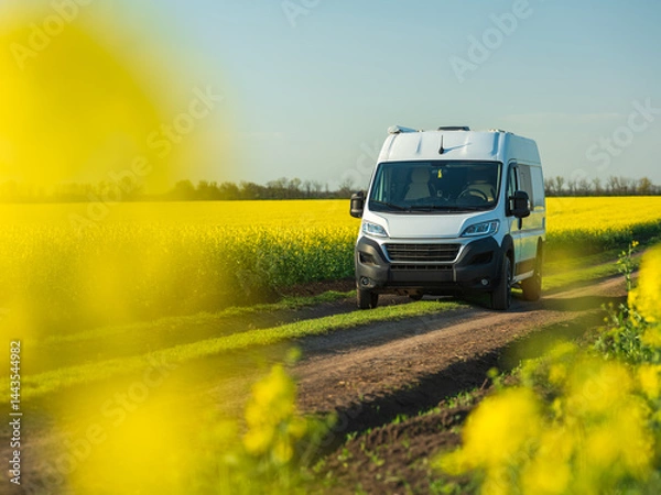 Obraz view to white van on ground road through yellow flowers of rapeseed in spring day
