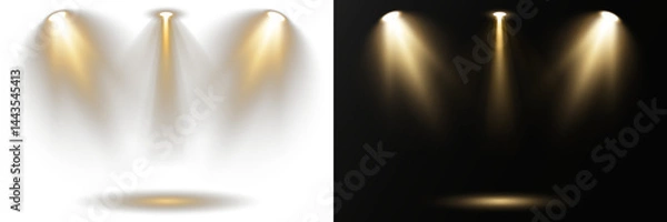 Fototapeta Focused spotlights beam down on center stage area. Studio lights form dramatic shadows and spotlight rings. Concert lighting emits strong radiant lines in motion. Projector elements