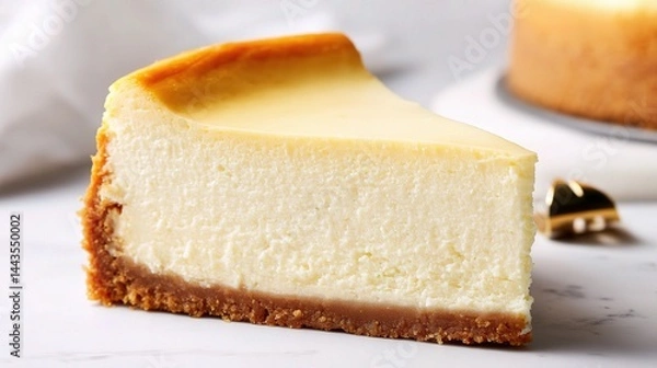Fototapeta Delicious Slice of Creamy Cheesecake on a White Marble Surface