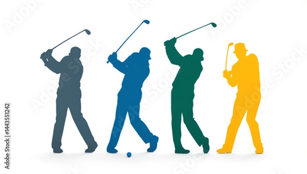 Fototapeta Colorful Silhouettes of Golfers in Action Sequence Showing Different Swing Positions with Golf Clubs on White Background