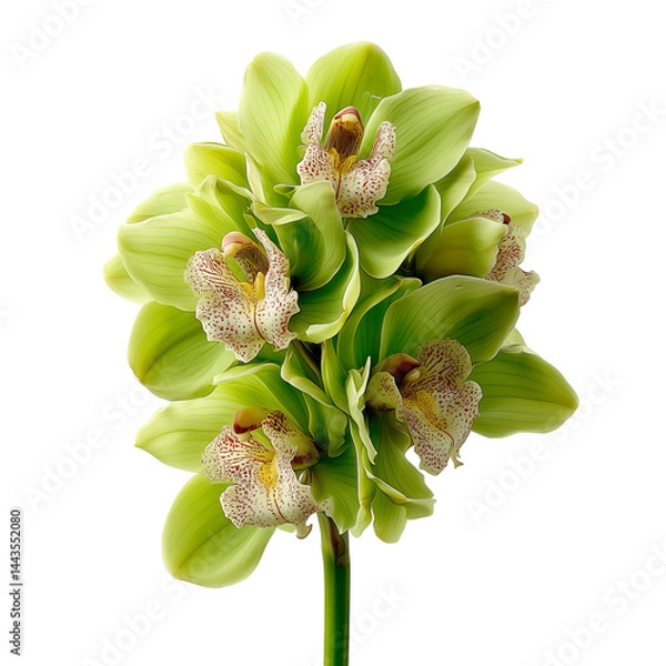 Fototapeta Green cymbidium orchid on plain bright white background no shadows, high-definition exotic flower