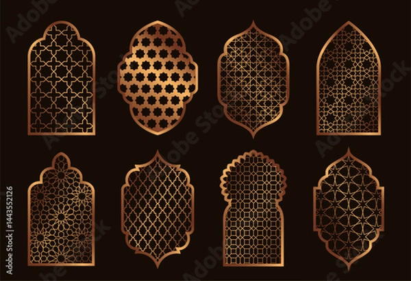 Obraz Set of golden windows in arabic style. Traditional Islamic frames, mosque arches or Moroccan gates. Elements of ancient oriental architecture. Vector illustration collection
