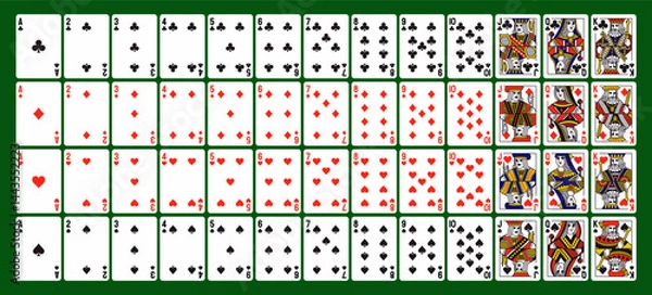 Obraz Poker playing cards. Full deck of playing cards for solitaire and digital computer games. Design elements for casino and gambling. Vector illustration collection