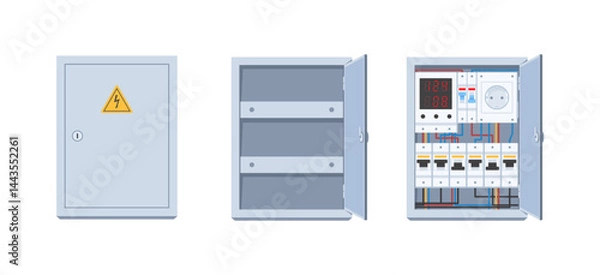 Obraz Electrical power switch panel. Electric Breaker Switchbox with opened and closed doors. Transformer with power supply equipment and contacts. Flat vector illustration collection