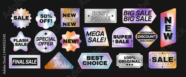Obraz Holographic label set. Advertising stickers with metallic neon texture. Design elements to promote sale, special offer and discount. Iridescent vector illustration collection