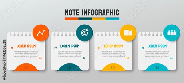 Obraz Business Infographic Design Set. Note papers with icons and template text for business presentation and planning. Design element with 4 steps. Vector illustration collection