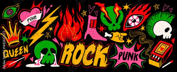 Obraz Punk and rock style crayon drawings. Abstract doodle stickers or colorful graffiti with skull, fire, golden crown and burning eyes. Hand drawn vector illustration collection