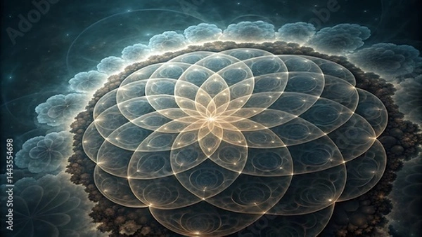 Fototapeta Cosmic Bloom: A captivating digital artwork depicting a stunning fractal flower, radiating intricate patterns and ethereal light, evoking a sense of wonder and the mysteries of the universe.