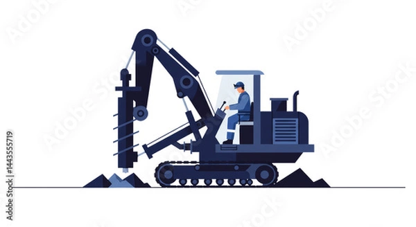 Fototapeta Stylized minimalist illustration of a mine worker operating machinery on white background