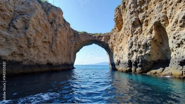 Fototapeta coastal cliff ocean photogenic. A natural rock formation with an arch over sparkling water, framed by rugged cliffs under a clear sky.