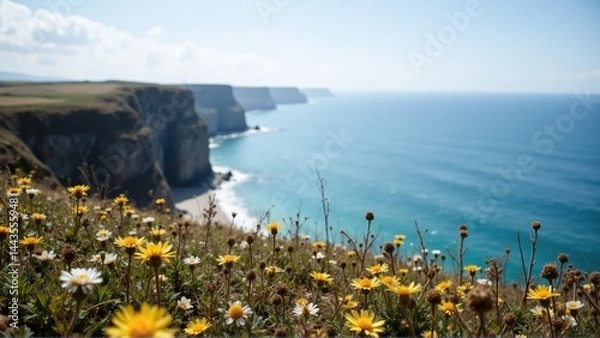 Fototapeta coastal cliff ocean photogenic. A coastal landscape featuring cliffs, blue ocean waves, and wildflowers in the foreground under a clear sky.