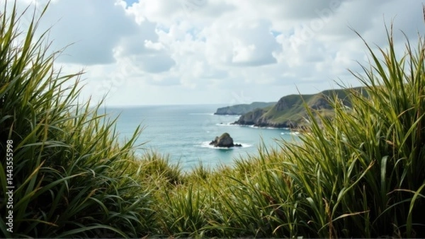 Fototapeta coastal cliff ocean photogenic. Lush grass frames a serene coastal view with rocky outcrops and gentle waves under a cloudy sky.