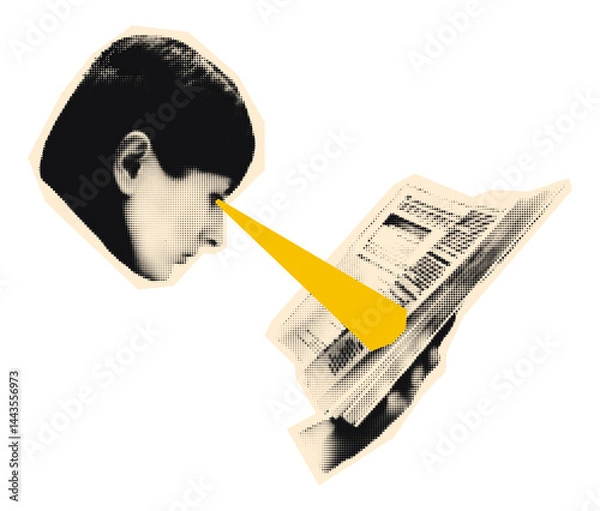 Fototapeta Cut out woman reading book with laser beams shoot from eyes halftone art collage element. Paper clipping shapes, hand holding open book sticker. Modern retro mixed media vector illustration