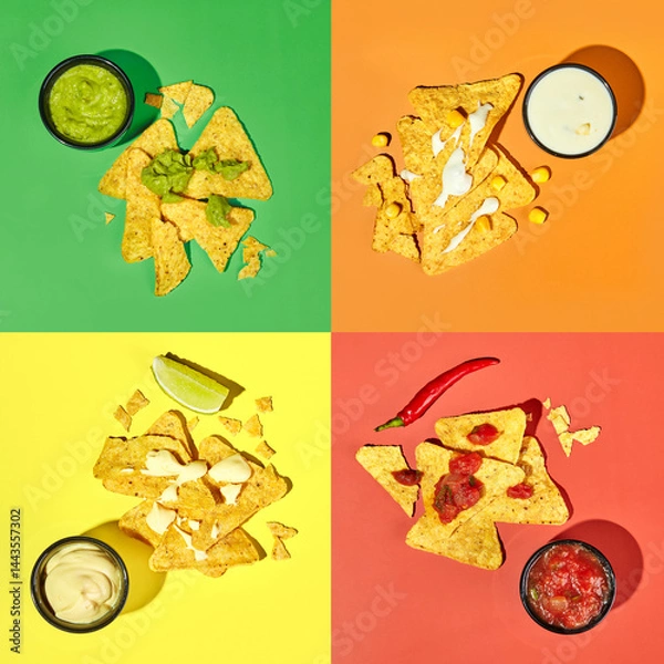 Fototapeta Set of different sauces - salsa, ranch guacamole and cheese with nachos corn chips on multicolored background.