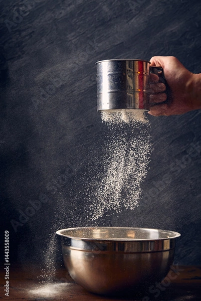Fototapeta Sifting flour through a sieve. Flour in hands. On a dark background.