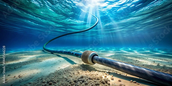 Fototapeta A long underwater cable winds across the sandy ocean bottom, illuminated by rays of sunlight filtering through the water. The serene scene showcases the ocean's depths