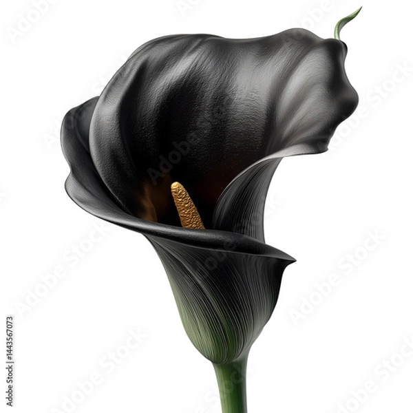 Fototapeta Black calla lily with sleek curves on plain bright white background no shadows, ultra-realistic botanical shot
