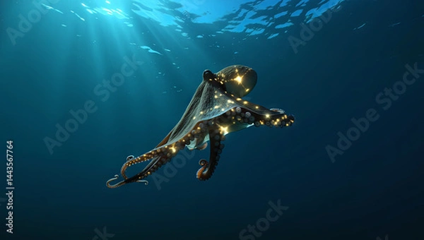 Fototapeta An octopus with vibrant colors floats effortlessly in the ocean. Sunlight penetrates the water, creating a mesmerizing effect around the creature as it navigates its surroundings