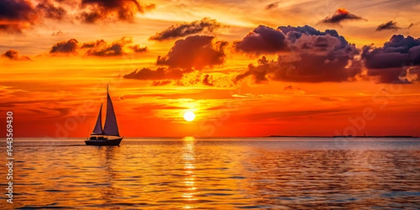 Fototapeta A sailboat glides smoothly across serene waters during sunset, surrounded by colorful skies filled with orange and purple hues. The sun sets on the horizon, casting golden reflections