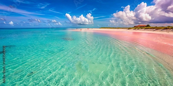 Fototapeta Crystal clear turquoise water gently laps against the shore of a pink sand beach, with fluffy white clouds drifting in the blue sky