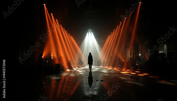 Fototapeta stage with one person in the middle and red and withe light on the stage. band Equipment on the side of the stage.
