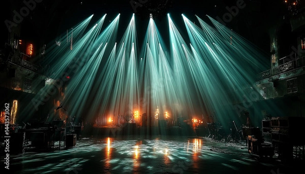 Fototapeta empty stage with blue lights on the top on it
and red light in the background. underground stage