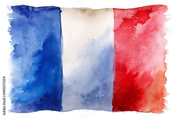 Fototapeta French Flag Watercolor: A vibrant and abstract watercolor painting of the French flag, showcasing the colors blue, white, and red in a stylized and artistic manner.
