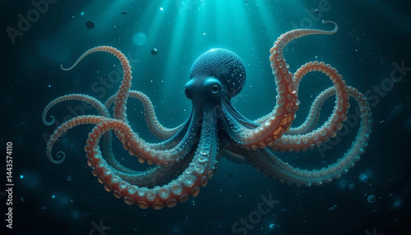 Fototapeta An octopus glides through clear blue water, showcasing its vibrant colors and intricate textures. Bubbles rise around it while sunlight filters down, creating an enchanting underwater ambiance