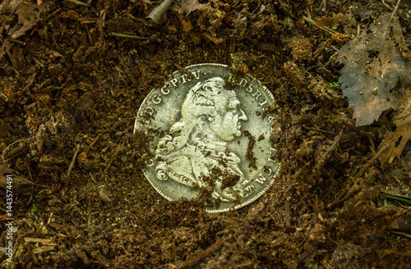 Obraz An accidental discovery in the ground in the garden.Find a silver coin in the ground.