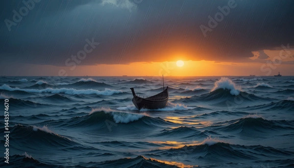 Fototapeta A small boat navigates through turbulent ocean waves while the sun sets on the horizon, casting a warm glow through dark clouds. The atmosphere is both dramatic and serene