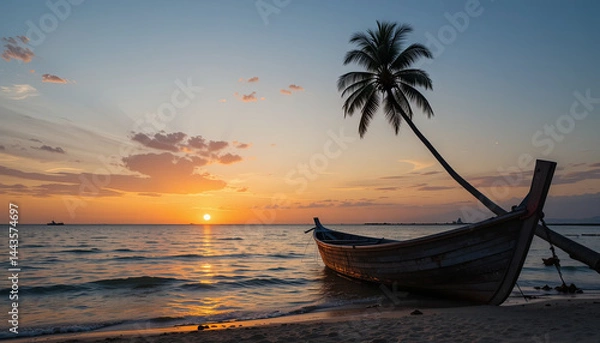 Fototapeta A beautiful sunset unfolds over the ocean as a wooden boat rests on the sandy beach. A tall palm tree leans towards the water, enhancing the tranquil atmosphere