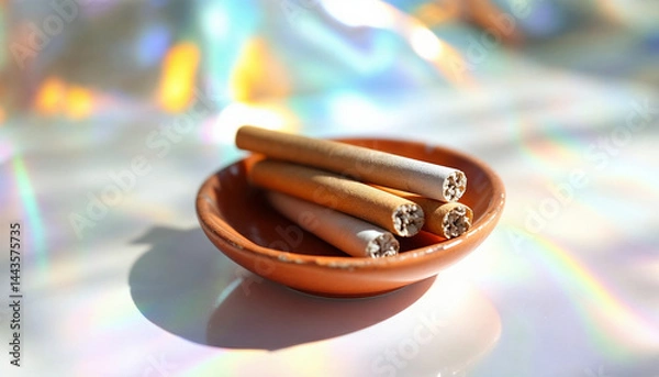 Fototapeta Cigarettes resting in a small bowl under bright light with colorful reflections