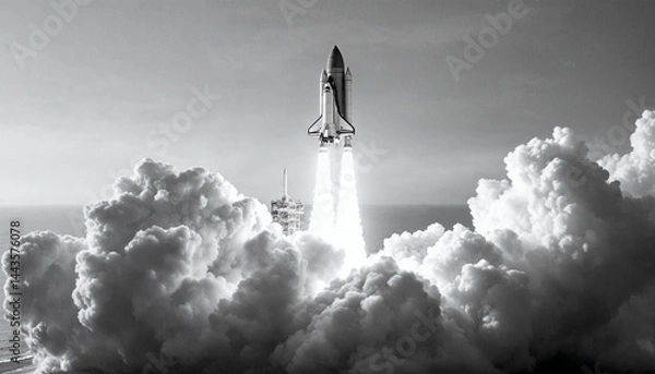 Fototapeta Rocket launches from the coast, ascending into the sky with billowing clouds and powerful flames at dawn