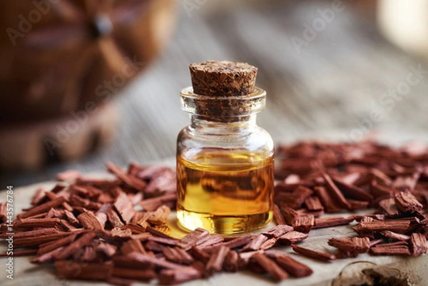 Fototapeta A bottle of aromatherapy essential oil with red sandalwood