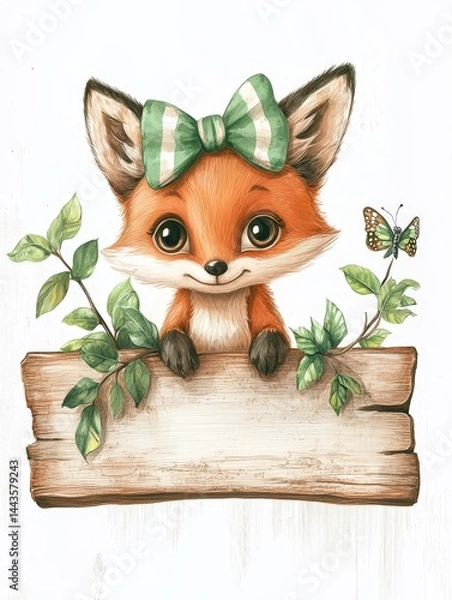 Fototapeta A 3D vintage wooden carved wall shelf, front view, spring season, a wooden sign perched with a brown cute baby fox, it has big eyes, a green and white striped bow on its head, there are green