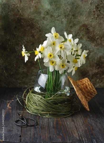 Fototapeta Floral still life with white daffodils in a transparent vase, metal scissors and a decorative wicker hat on a dark wooden background.