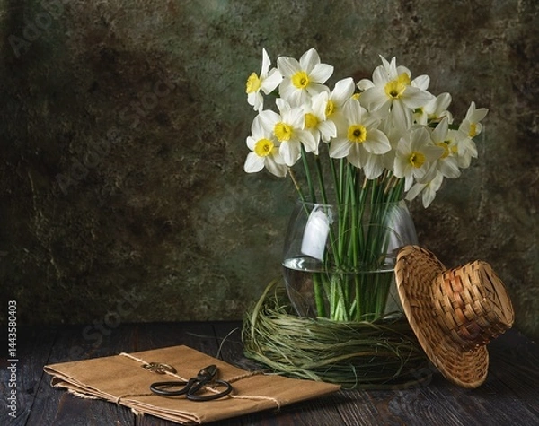 Fototapeta Floral still life with white daffodils in a transparent vase, metal scissors and a decorative wicker hat on a dark wooden background.