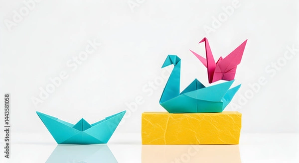 Fototapeta Origami Swan and Boat in Paper with Bright Colors on White Background