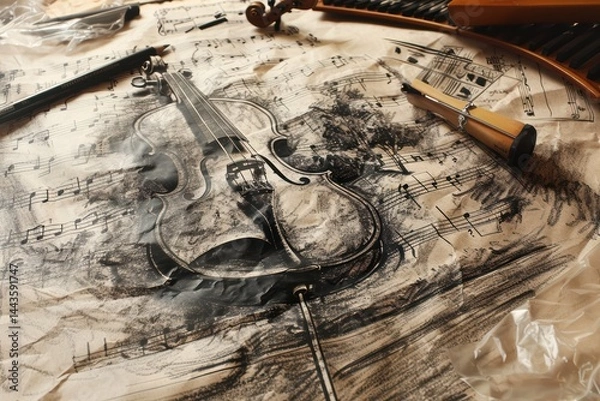 Fototapeta An Artistic Representation of a Guitar Created using Charcoal and Various Mixed Media Techniques