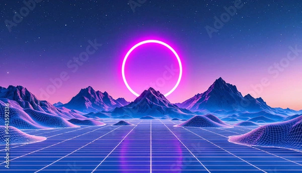 Fototapeta Vibrant sunset over a futuristic landscape with mountains and a grid-like terrain