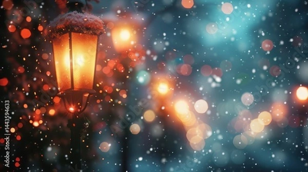 Obraz An Enchanting Winter Lantern Glowing Beautifully in Surroundings with Snowy Bokeh Lights
