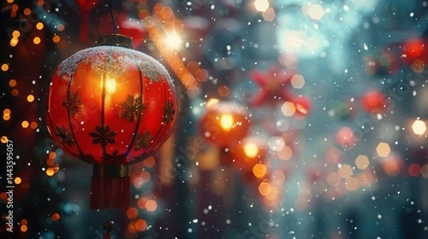 Obraz Enjoy the beauty of Festive Holiday Lanterns illuminating a cozy, snowy atmosphere