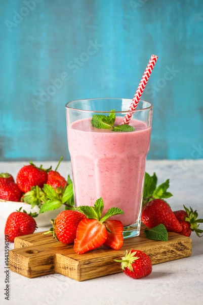 Fototapeta Strawberry smoothie or milkshake on white.