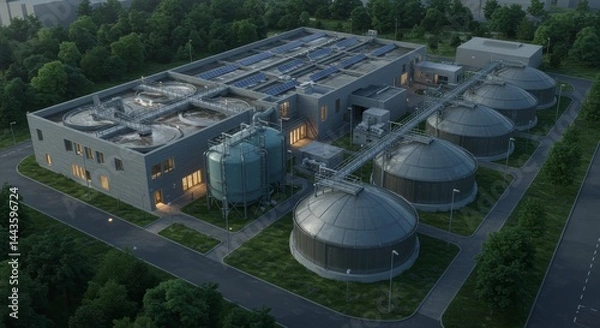 Fototapeta Modern Wastewater Treatment Plant - Aerial view of a modern and efficient wastewater treatment facility, showcasing advanced technology and sustainable design