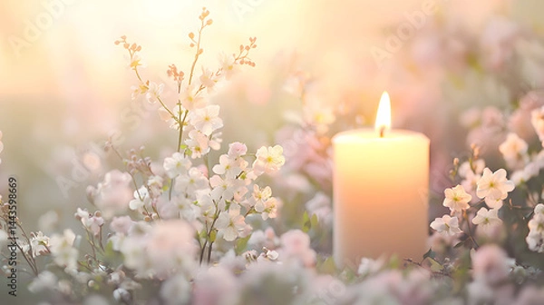 Fototapeta Candlelight in the Orchard: A solitary candle flickers with a soft glow amidst a delicate tapestry of blooming cherry blossoms, bathed in the warm hues of the setting sun.