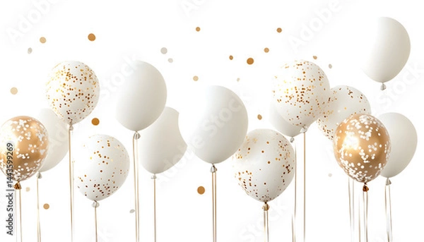 Obraz A festive arrangement of white and gold balloons with confetti, set against a black background, perfect for celebrations